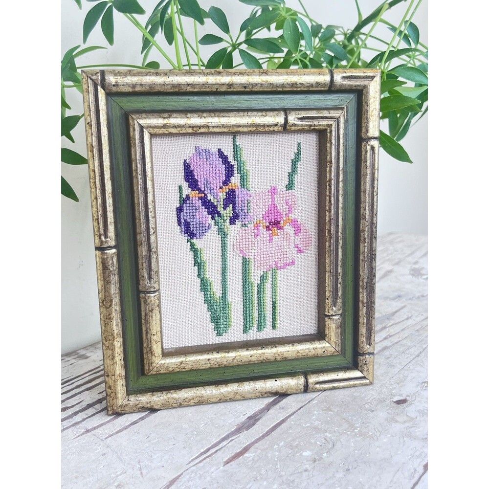 Vintage Cross Stitch Pink Purple Iris Framed In Gold And Green Wooden Frame 7”